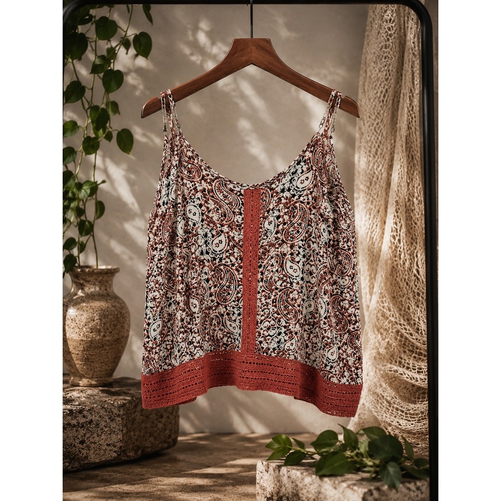Volcom Paisley Crochet Trim Tank Top Boho Festival Red Cream Size L 14